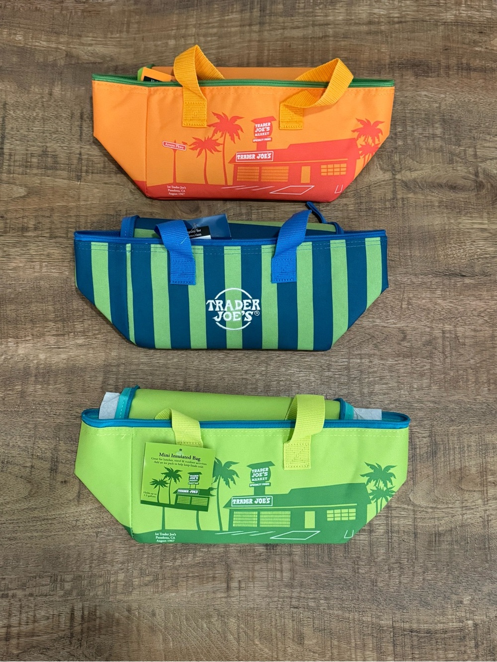 Trader Joe's Insulated Mini Tote Bag - Green, Blue stripped, Orange
